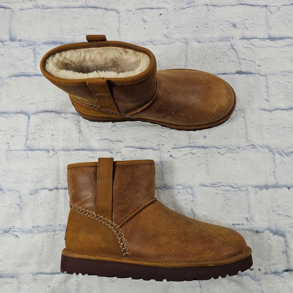 UGG Mini Deco Boots Men 9 Brown Leather Shearling 1008621 Distressed Comfort